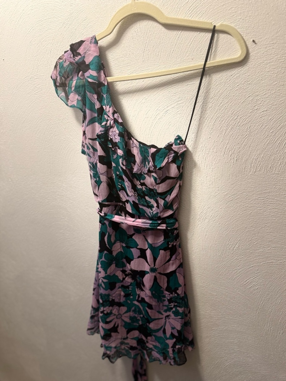 For Love & Lemons One Shoulder Floral Mini Dress XS Pink Green Y2K Whimsigoth - Picture 3 of 5
